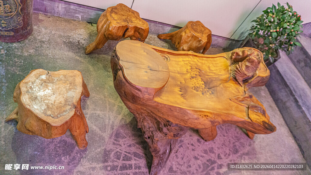天然根雕茶几组合摆件