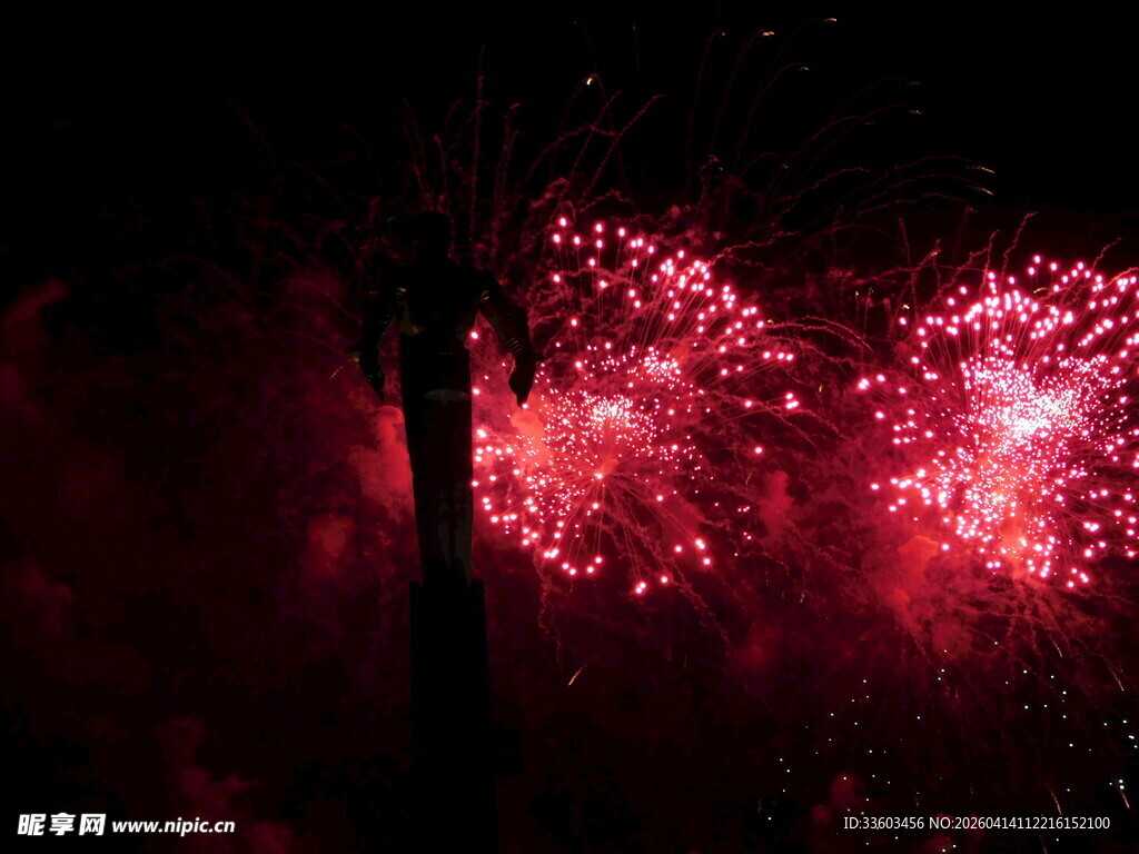 夜空中的绚丽红色烟花