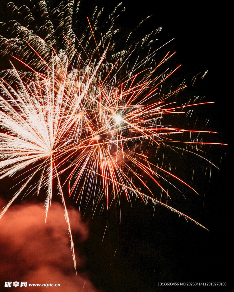 夜空中绚烂的红色烟花