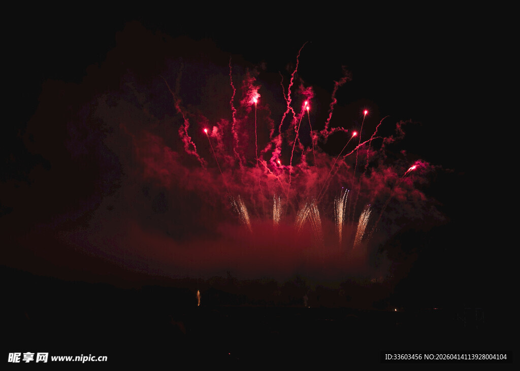 夜空中绚烂的红色烟花