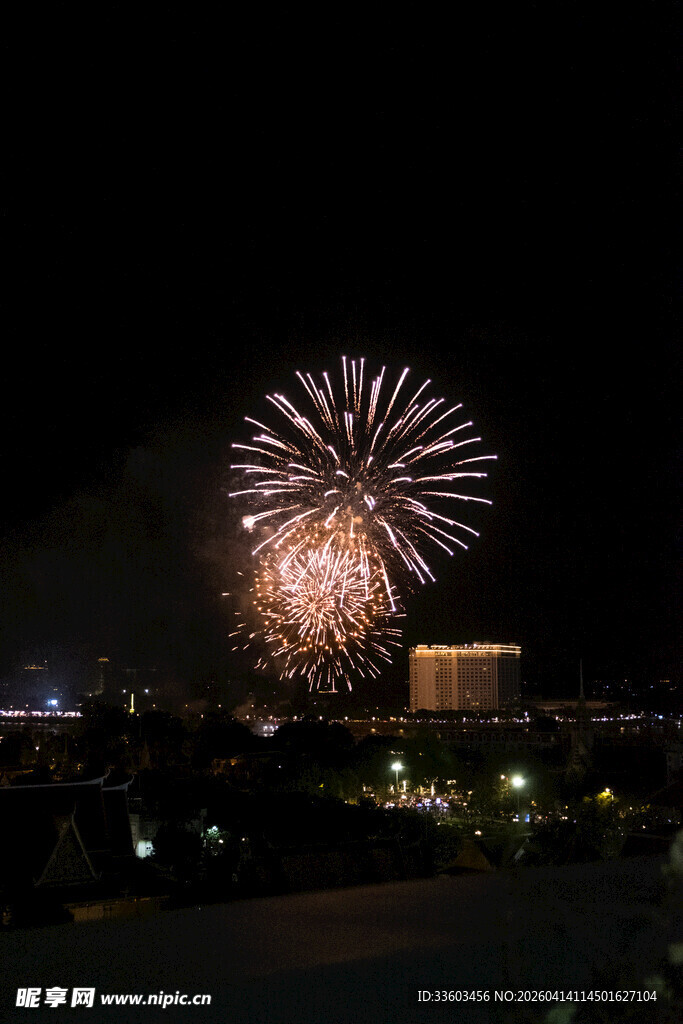 城市夜空绽放的绚烂烟花