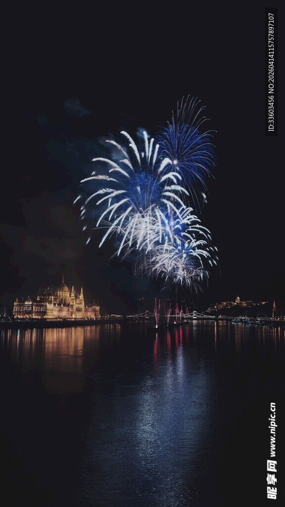 湖畔夜空中绚烂的烟花