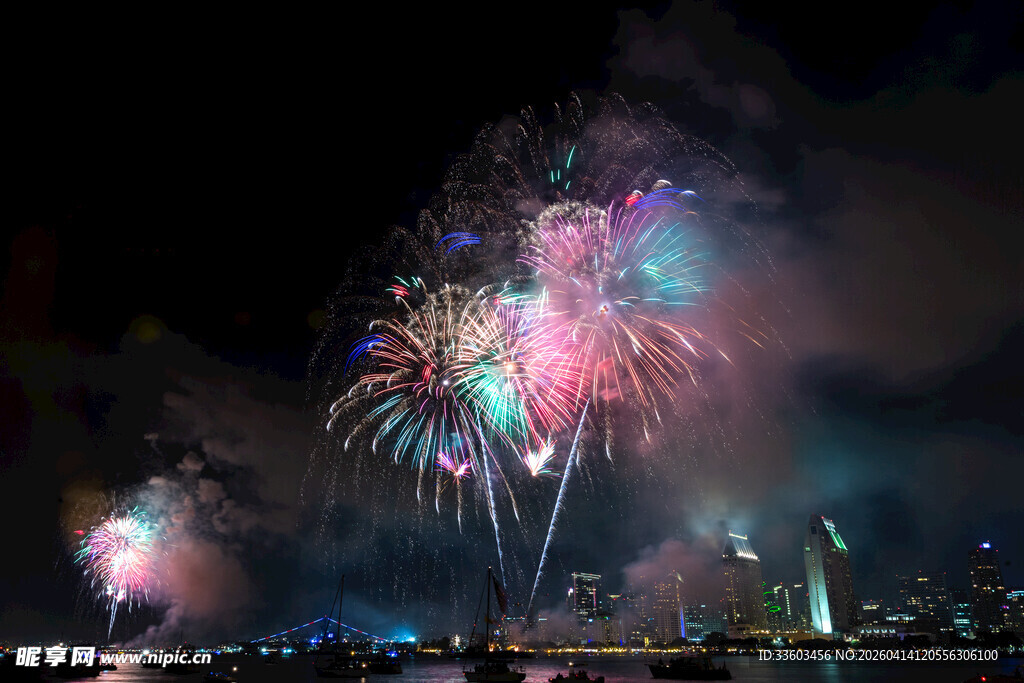 夜空中绚烂的城市烟花秀