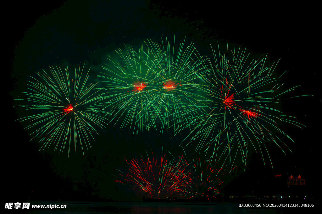 夜空中绽放的绿色绚烂烟花