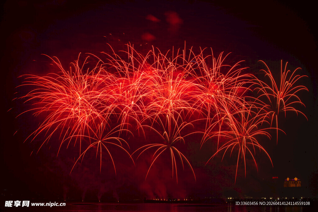夜空中绚烂的红色烟花