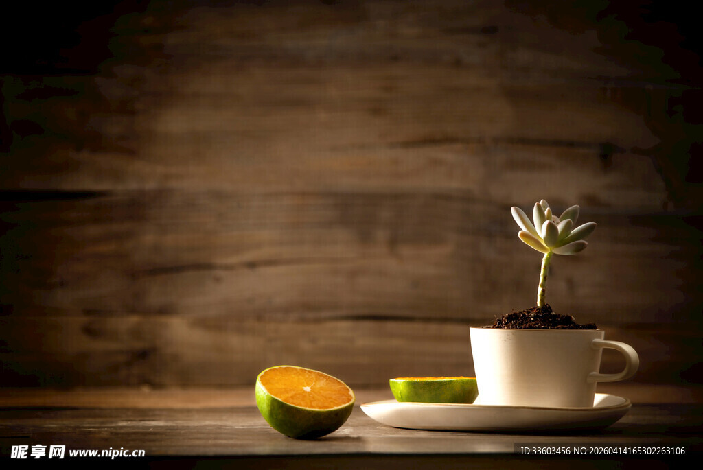 木质背景的绿植与水果