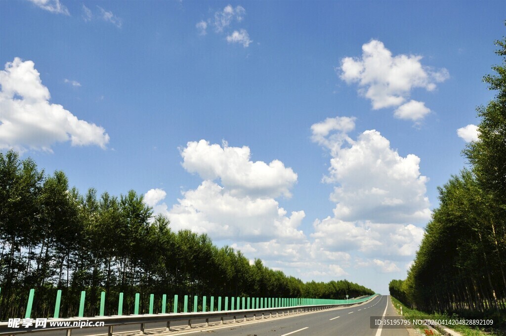 宽阔公路伴绿树与蓝天