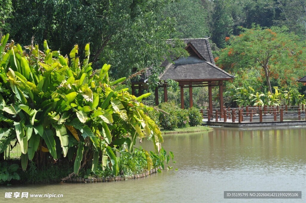 湖畔凉亭绿植环绕美景