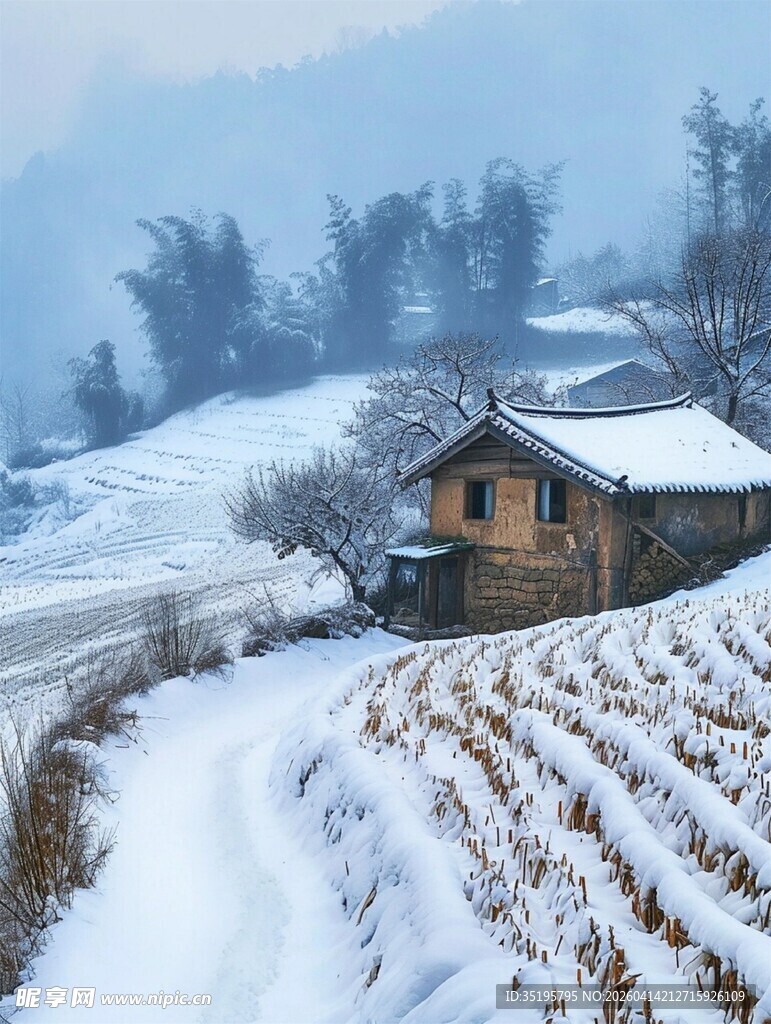 雪覆山村景静谧田园风光