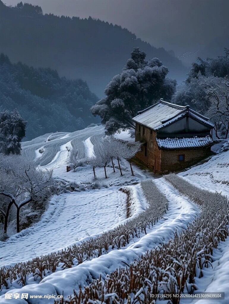 雪覆山村路静谧冬日景