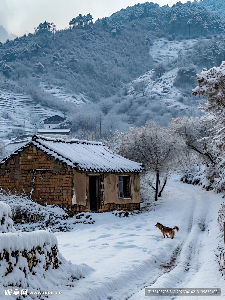 雪覆山村小屋行雪地