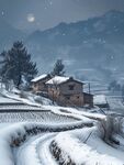 雪覆山村夜景图
