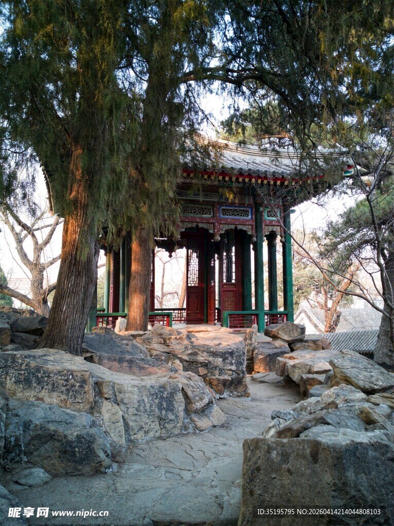 古亭立于林间石景之中