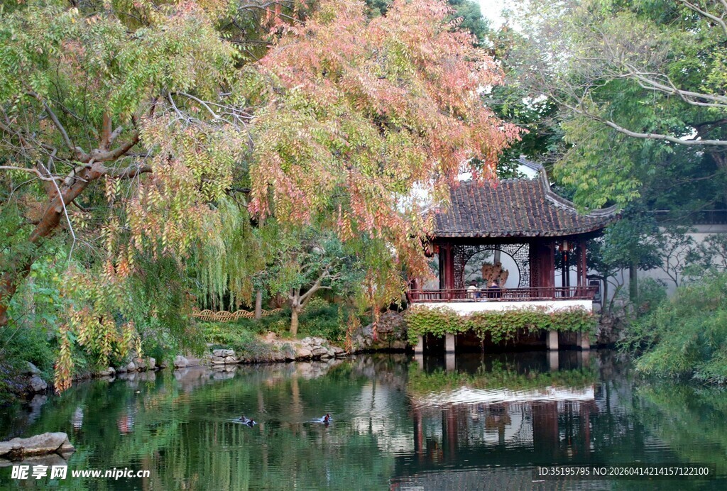 湖畔古亭秋色中的静谧景致