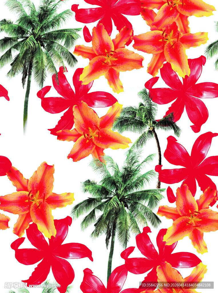 热带花卉与棕榈叶图案