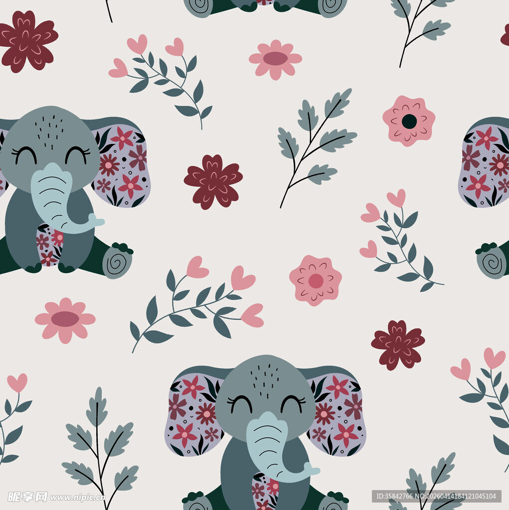 可爱小象与花卉图案背景