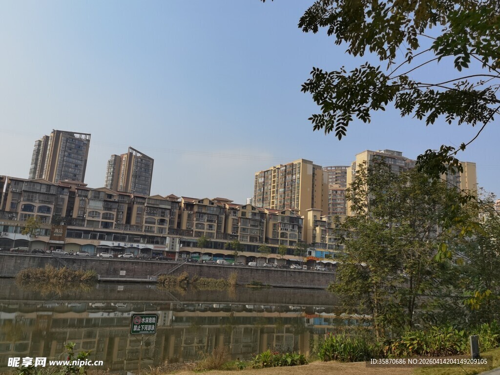 河畔高楼与绿树景观