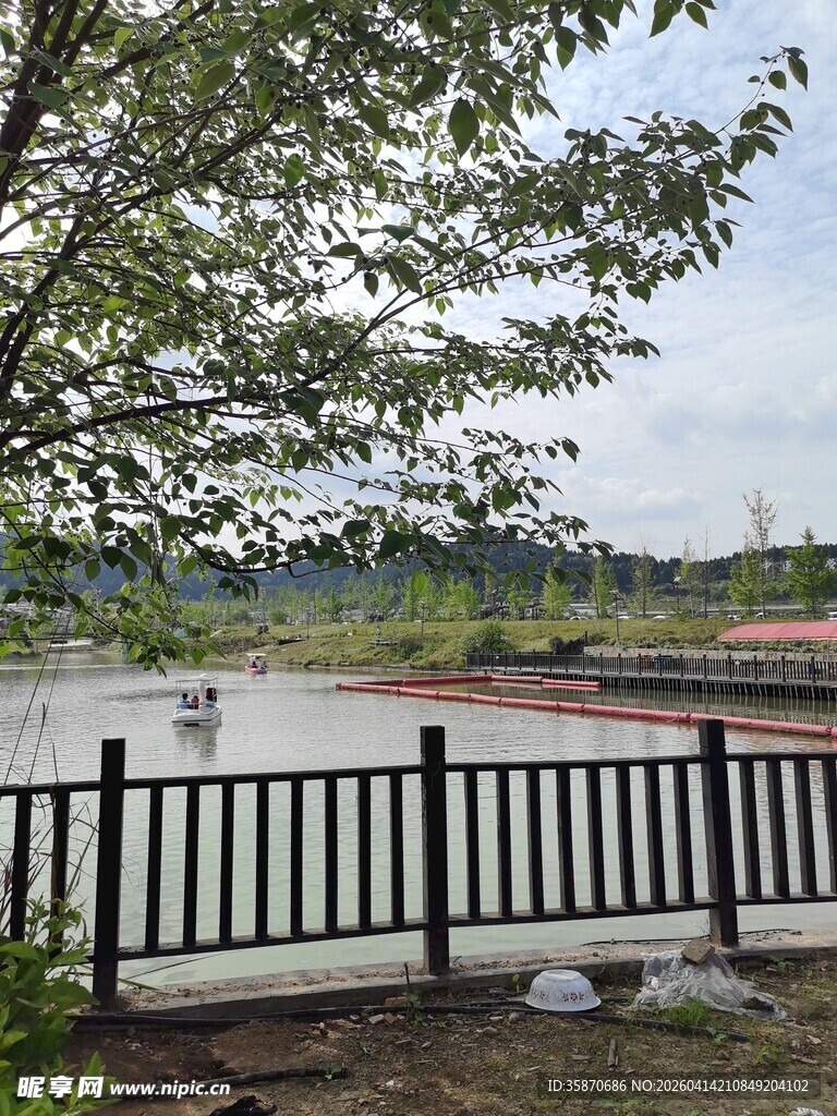 湖畔围栏边的静谧风景