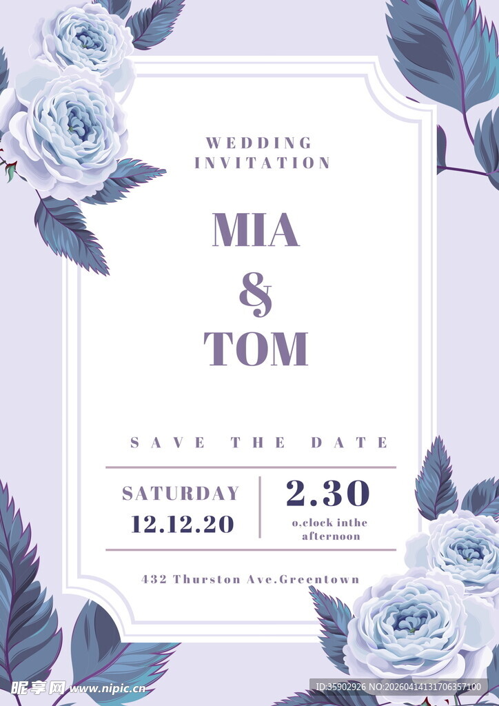 蓝白色花卉婚礼请柬设计