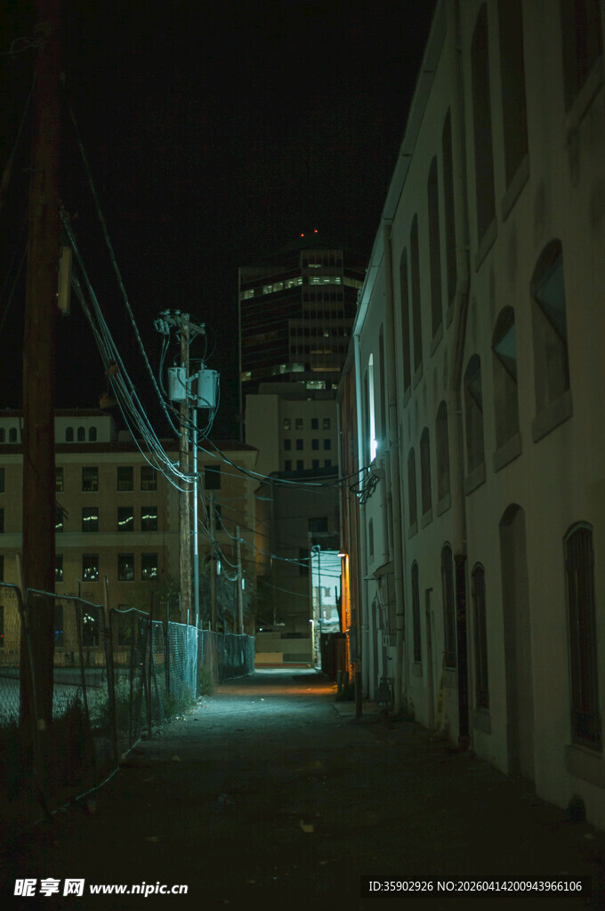 昏暗小巷中的城市夜景