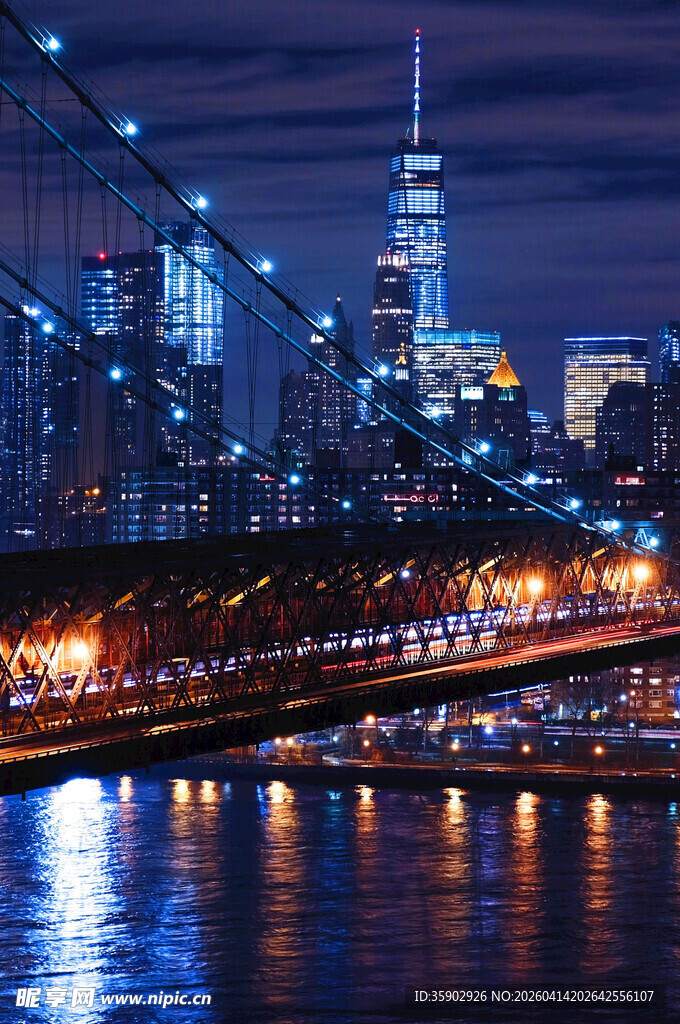 夜晚纽约大桥与城市夜景