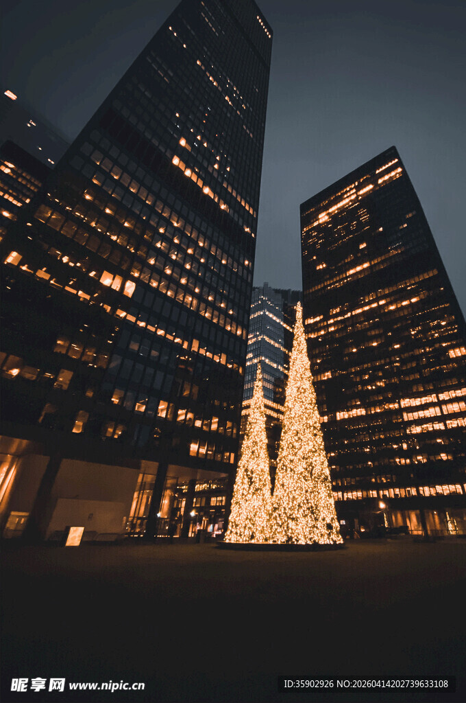 城市夜景中的璀璨圣诞树