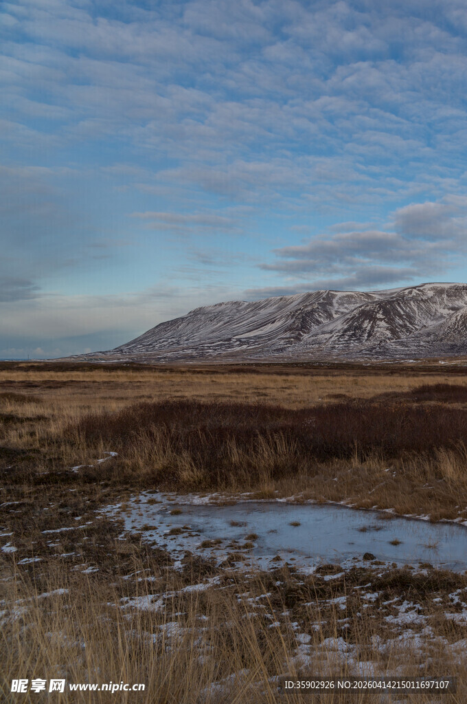 旷野湿地与远山雪景