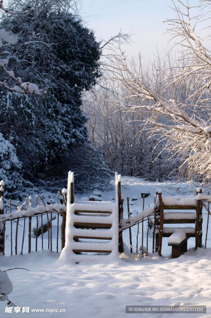 冬日雪景中的木栅栏景致