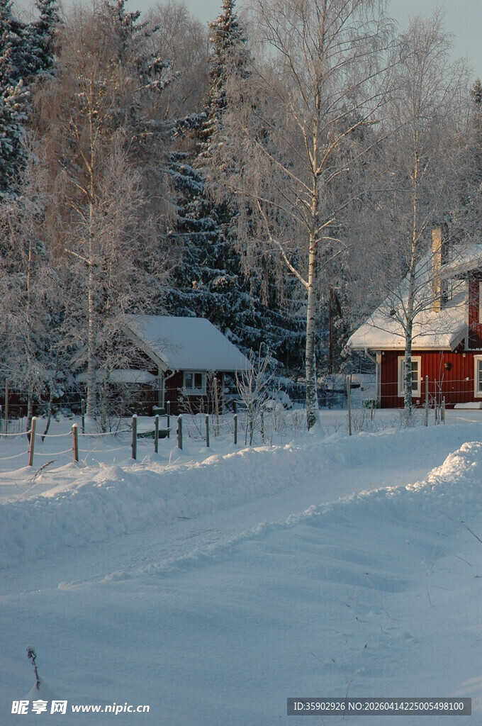 冬日雪中小屋风景