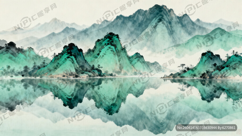 高清新中式长横幅山水画