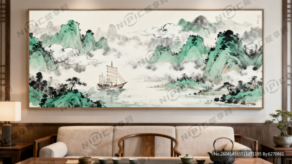 新款自粘画一帆风顺山水画办公室