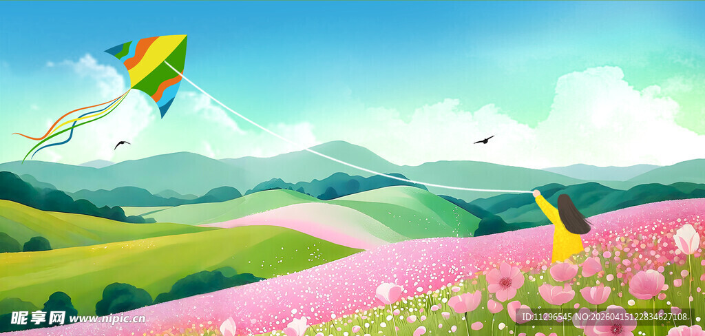 春日田野放风筝美景春分背景
