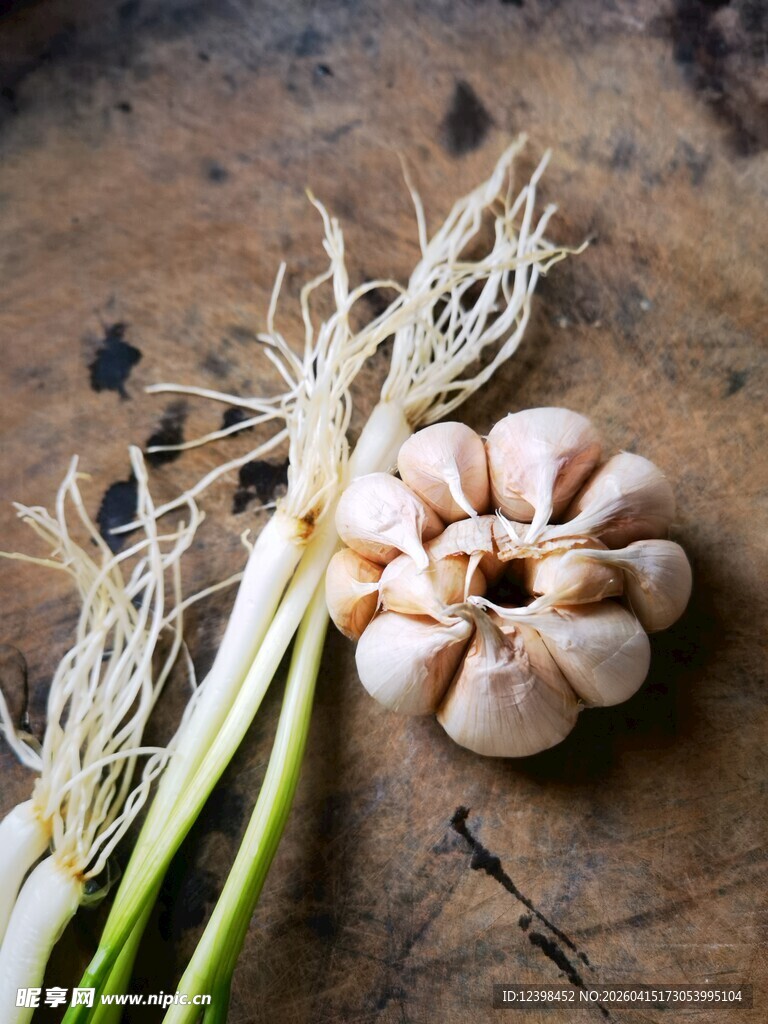 新鲜大蒜与蒜苗特写