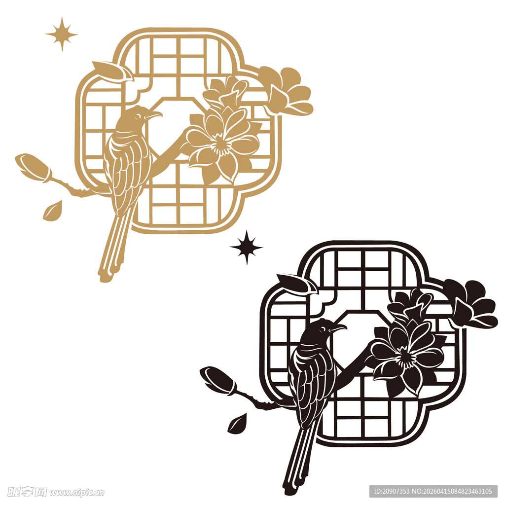 礼盒包装纹中式花鸟窗棂装饰图案