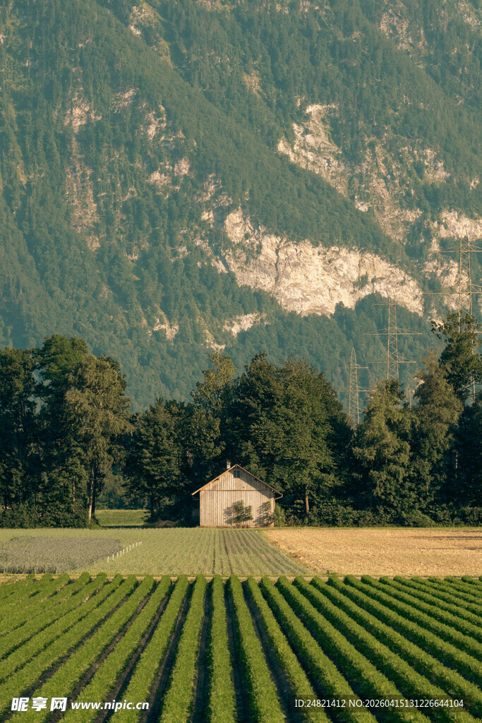 山间农田中的小屋