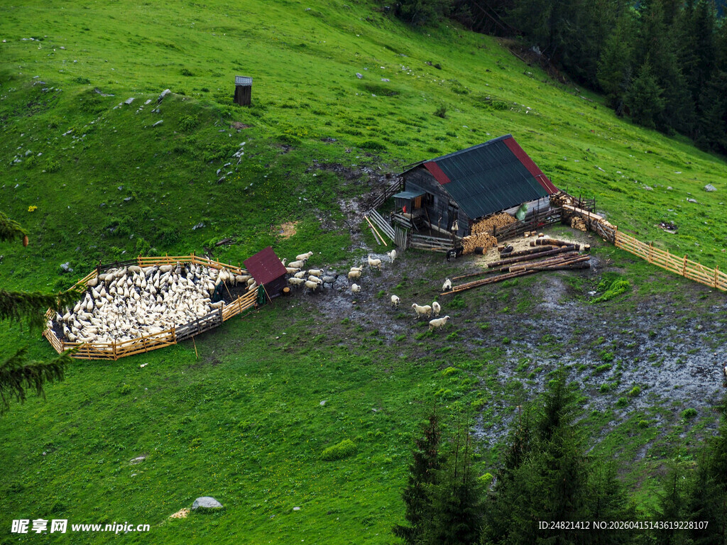 山间小屋与牧场美景