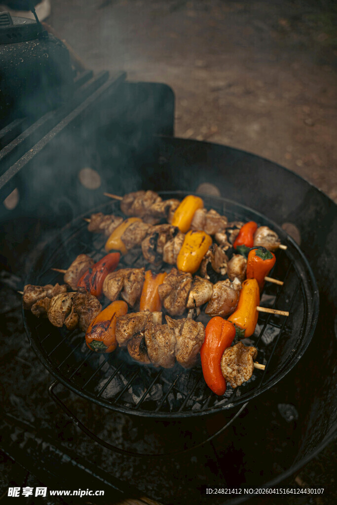 户外美味烤肉串特写