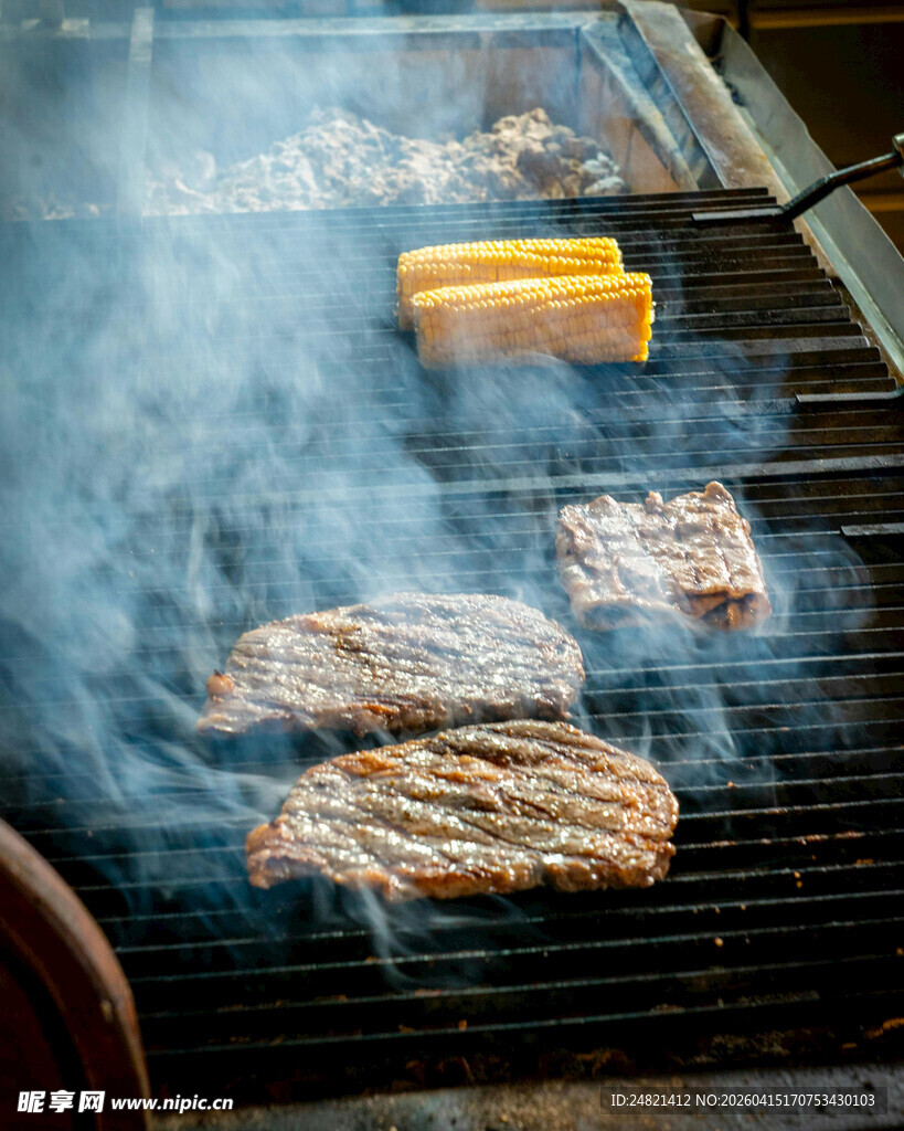 户外烧烤中的美味烤肉