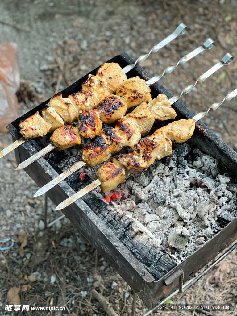 户外炭火烤肉串