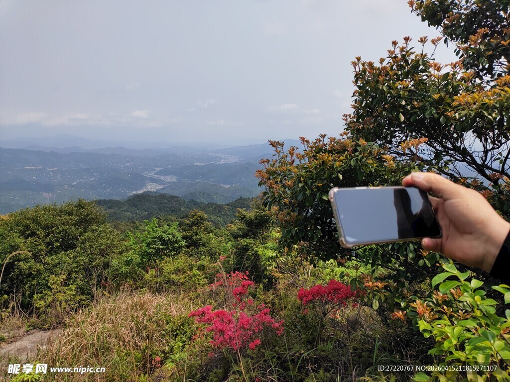 山顶手持手机拍摄美丽风景