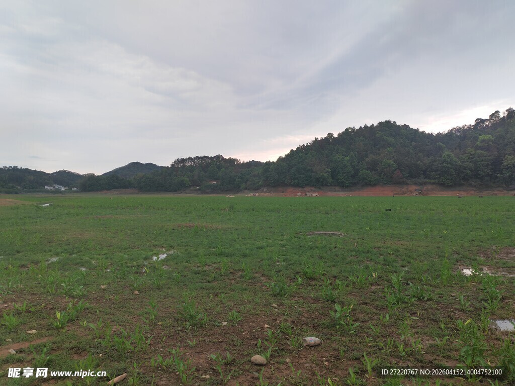 广袤田野与远处山峦景色