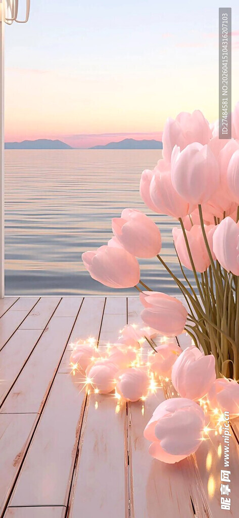 海边木台上的梦幻粉花球