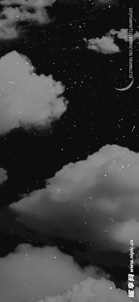 夜空中的云朵与弯月