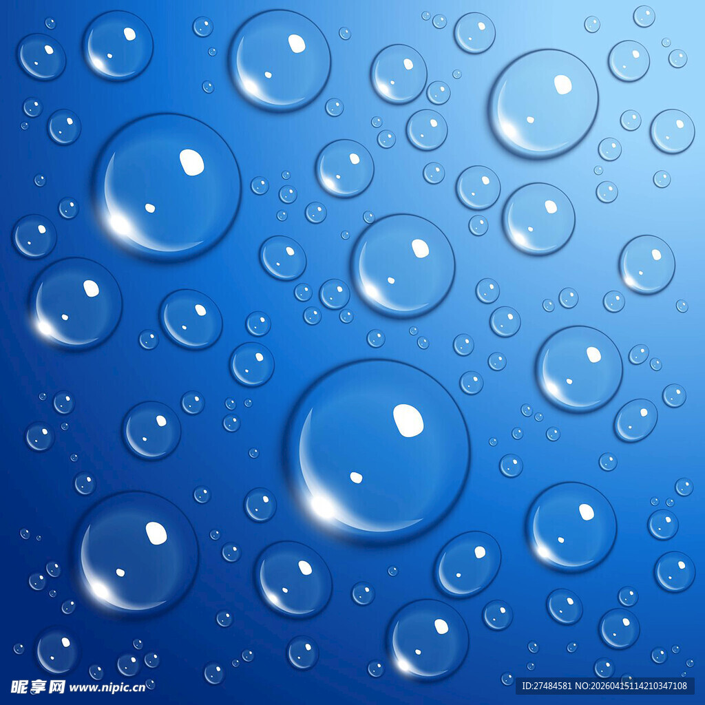 蓝色背景上晶莹的水滴