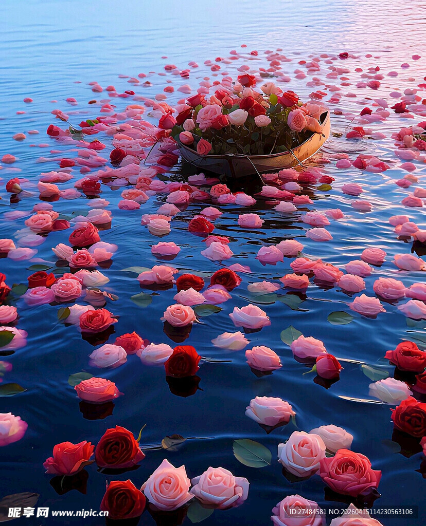 水面漂浮的多彩花朵景观