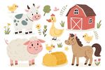农场动物与建筑插画