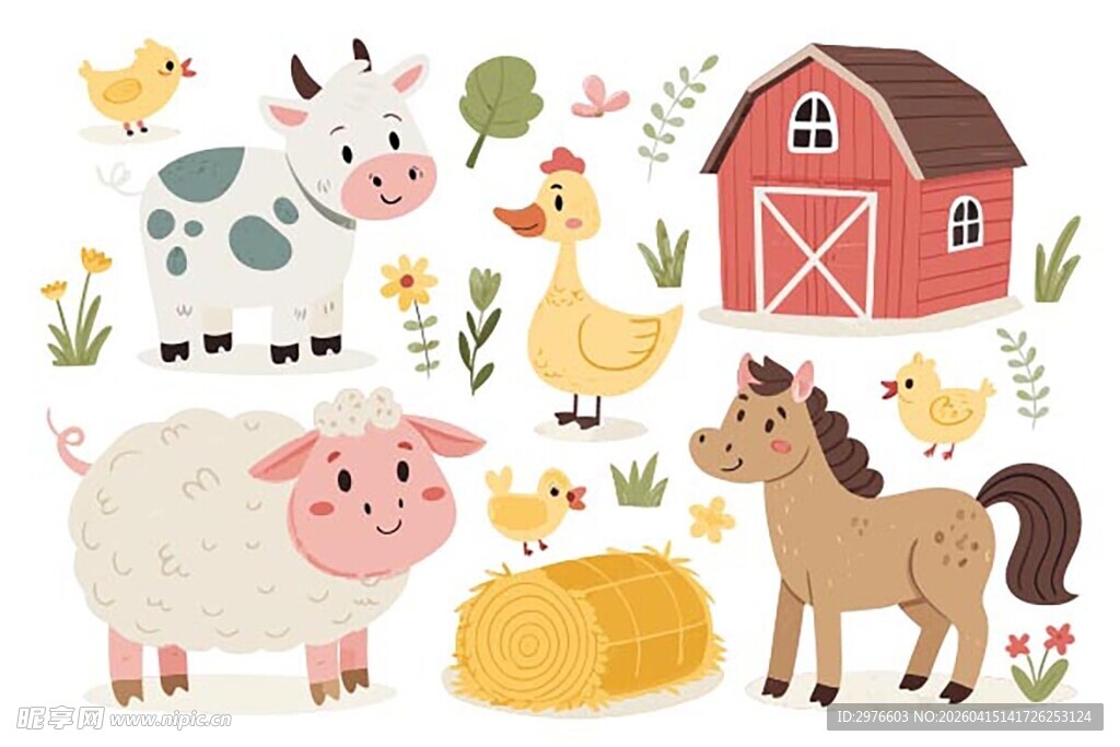 农场动物与建筑插画
