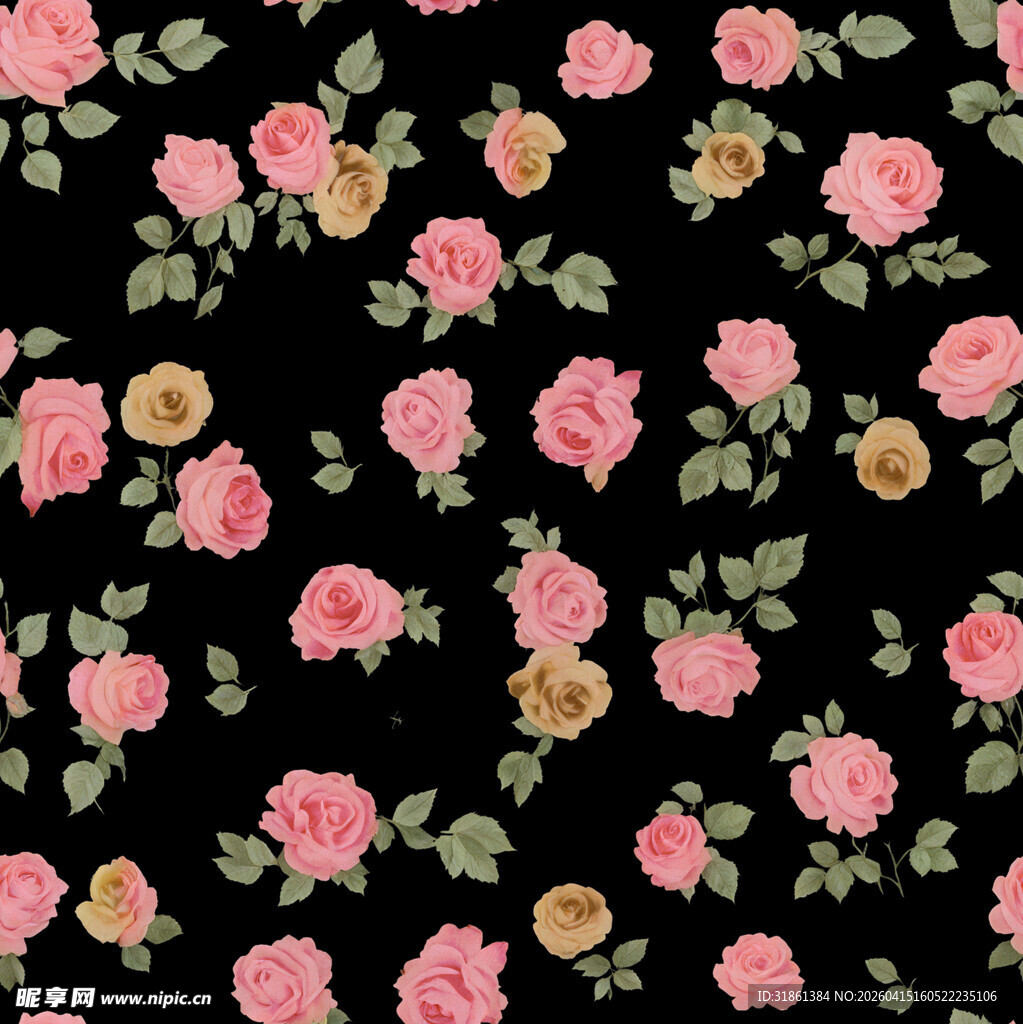 黑色底粉色花卉图案