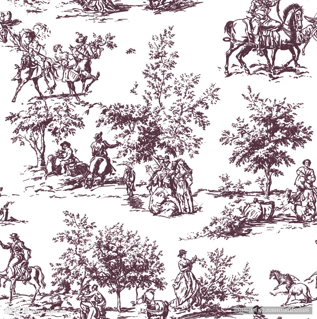 复古田园骑马狩猎图案