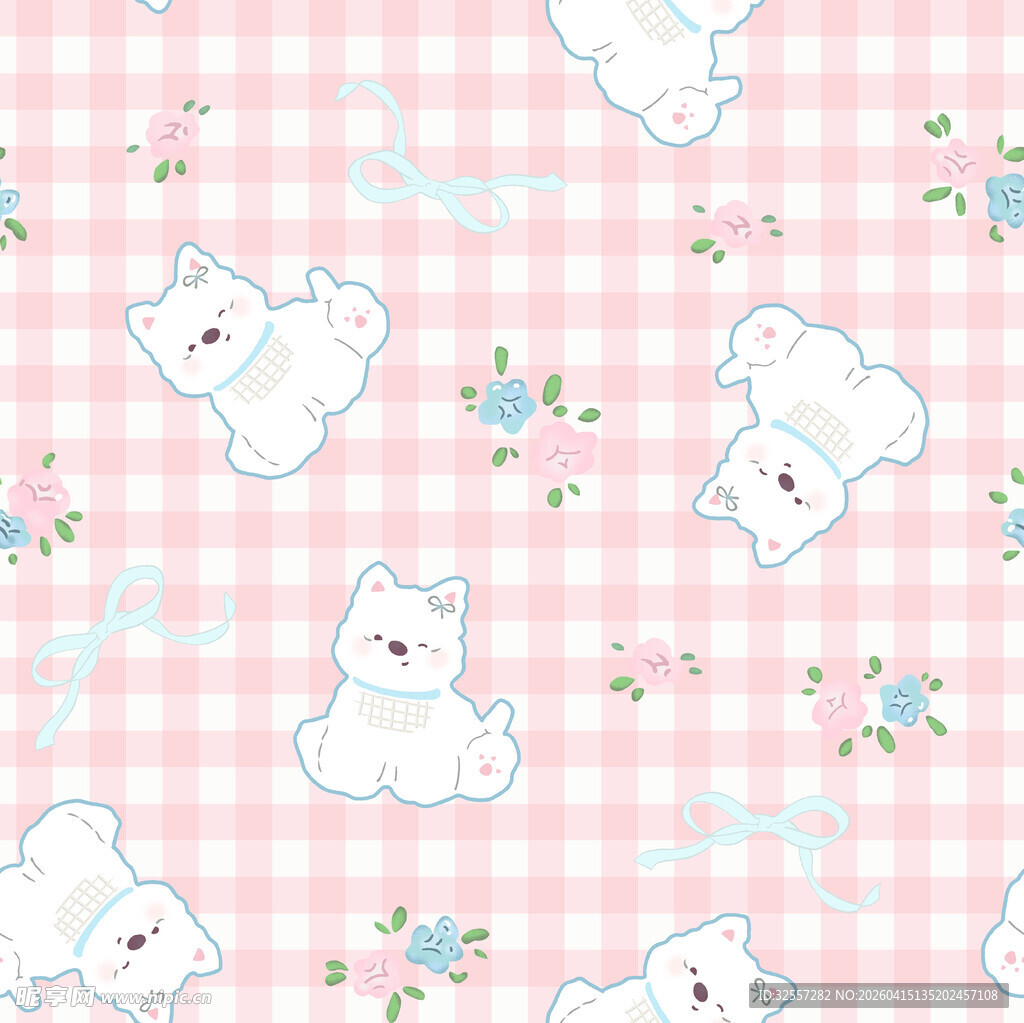 可爱猫咪狗花卉格子图案